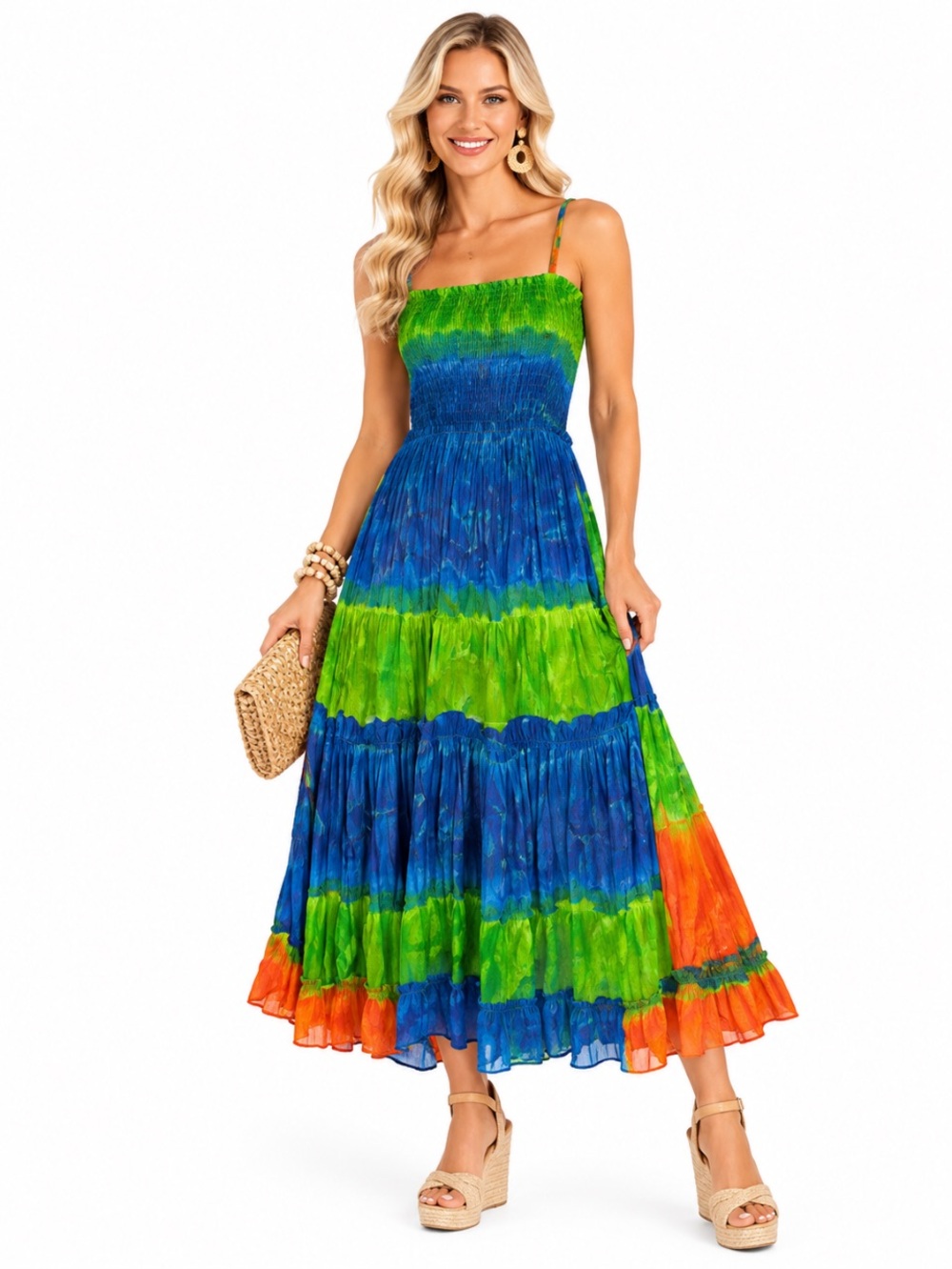 NF Bohemian Green Blue Orange Tiered Smocked Maxi Dress Size “FREE Size”